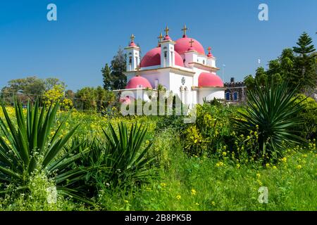 Die Griechisch-orthodoxe Kirche der sieben Apostel in der Nähe von Capernaum, See von Galiläa, Israel, Naher Osten. Stockfoto