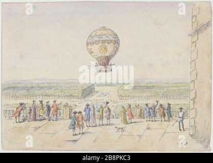 FLUG VON FRANCOIS Pilatre Rozier und dem Marquis FRANCIS VON ARLANDES, PARTEI DES SCHLOSSES DER STUMMSCHALTUNG AM 21. November 1783 "Vol de François Pilâtre de Rozier et du marquis François d'Arlandes, Partis du château de la Muette, le 21 novembre 1783". Dessin aquarellé, vers. Paris, musée Carnavalet. Stockfoto