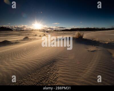 Sich bewegende Dünen in der Nähe von Debki, am Ufer der Ostsee. Querformat direkt nach Sonnenaufgang. Sichtbare Flairs. Stockfoto