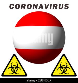 Warnschild für Coronavirus auf Österreichs Flagge Stockfoto