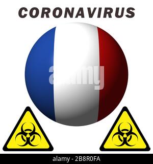 Warnschild für Coronavirus auf der französischen Flagge Stockfoto
