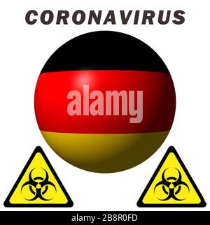Warnschild für Coronavirus auf der Flagge Deutschlands Stockfoto