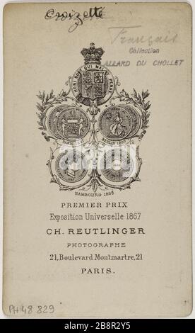 Porträt von Sophie Croizette (Sternfrau) (1847-1901) (französische Schauspielerin in der Komödie) Porträt de Sophie Croizette (épouse Stern-1847-1901), actrice à la Comédie française. Carte de visite (verso). Tirage sur Papier Albuminé. 1869-1883. Photographie de Charles Reutlinger (1816-1860). Paris, musée Carnavalet. Stockfoto