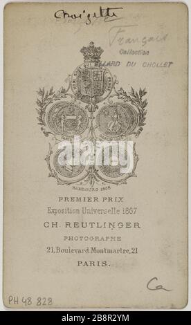 Porträt von Sophie Croizette (Sternfrau) (1847-1901) (französische Schauspielerin in der Komödie) Porträt de Sophie Croizette (épouse Stern-1847-1901), actrice à la Comédie française. Carte de visite (verso). Tirage sur Papier Albuminé. 1869-1883. Photographie de Charles Reutlinger (1816-1860). Paris, musée Carnavalet. Stockfoto