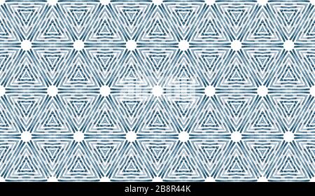 Shibori Zick-Zack Indigo Dreiecke Druck. Geometrisches nahtloses Muster mit Dreieckskala-Layout. Stockfoto