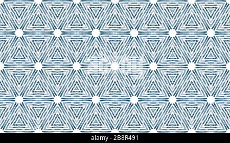 Shibori Zick-Zack Indigo Dreiecke Druck. Geometrisches nahtloses Muster mit Dreieckskala-Layout. Stockfoto