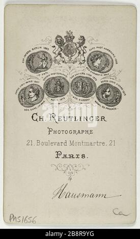 Porträt des Barons Haussmann (Georges Eugène), (1809-1891), des Direktors und Politikers Portrait du baron Haussmann (Georges, Eugène), (1809-1891), des Administrateurs et homme politique. Carte de visite (verso).tirage sur Papier albuminé. Entre 1860-1890. Photographie de Charles Reutlinger (1816-1880). Paris, musée Carnavalet. Stockfoto