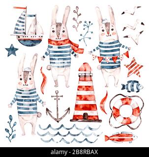 Nautical Watercolor Baby Kaninchen-Seemann, Animal Cartoon Nursery Seaman Set. Süße Chilischarakter, aquarelle Illustration. Maritime Elemente Stock Vektor