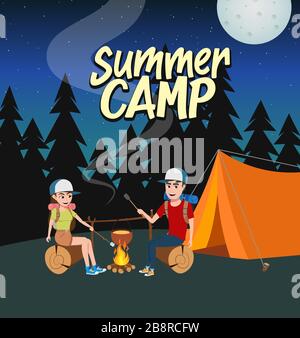 Design des Vektorkonzepts für das Sommercamp. Sommercamp-Text mit einigen Wanderfiguren bei Wanderaktivitäten wie Kochen im nächtlichen Waldhintergrund. Stock Vektor