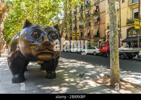 Barcelona, Spanien - 2. August 2019: El Gato de Botero, berühmte Skulptur in Raval Stockfoto