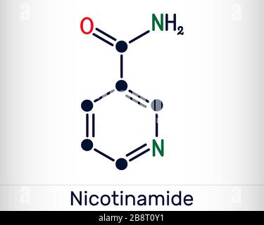 Nicotinamid, NAM, C6H6N2O-Molekül. Es ist Vitamin B3, das in Lebensmitteln gefunden wird und als Nahrungsergänzungsmittel verwendet wird. Strukturelle chemische Formel. Vektorgrafiken Stock Vektor