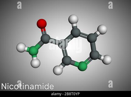 Nicotinamid, NAM, C6H6N2O-Molekül. Es ist Vitamin B3, das in Lebensmitteln gefunden wird und als Nahrungsergänzungsmittel verwendet wird. Molekularmodell. 3D-Rendering Stockfoto