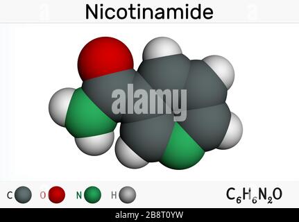 Nicotinamid, NAM, C6H6N2O-Molekül. Es ist Vitamin B3, das in Lebensmitteln gefunden wird und als Nahrungsergänzungsmittel verwendet wird. Molekularmodell. 3D-Rendering Stockfoto