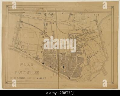 Karte Batignolles G. Blanche. "Plan des Batignolles, Square des Batignolles, 1814". Lithographie, 1874. Paris, musée Carnavalet Stockfoto