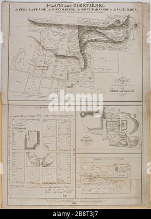 Karte Friedhöfe / Pere Lachaise, Montmartre, Montparnasse und Vaugirard / anstelle der wichtigsten Grabmonumente anzeigen. Anonyme. Plan des cimetières du Père La Chaise, de Montmartre, du Montparnasse et de Vaugirard indiquant la Place des principaux Monuments funèbres. Tiefdruck sur bois. Paris, musée Carnavalet. Stockfoto