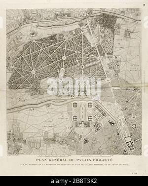 Generalplan des Palastes, der auf den Schleichen des Chaillot-Berges vor der Ecole Militaire und dem Champ de Mars mit der Nummer "après Percier et Fontaine" (1780-1857) projiziert wurde. Plan général du Palais projeké sur le rampant de la montagne de Chaillot en face de l'Ecole militaire et du Champ-de-Mars. Eau-forte. Paris, musée Carnavalet. Stockfoto