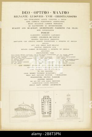 POSTER MIT DRUCKEN UND TEXTEN DIDOT-CHARAKTER FÜR DIE VERLEGUNG DER ERSTEN STEINKIRCHE VON ST VINCENT DE PAUL - 25 AOUT 1823 DIDOT./BIGANT. "Affiche avec gravures et textes en caractères Didot pour la pose de la première pierre de l'église St Vincent de Paul - 25 aout 1823". Eau-forte et Impression. Paris, musée Carnavalet. Stockfoto