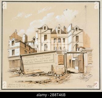 Rue du Vieux-Colombier (1877 abgerissene Häuser), 6. Bezirk Jules-Adolphe Chauvet (1828-1906). Rue du Vieux-Colombier (Maisons démolies en 1877), Paris (VIème arr.). Crayon, lavis et rehuts de gouache sur Papier teinté, 1877. Paris, musée Carnavalet. Stockfoto