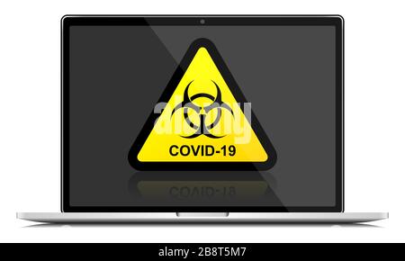 Warnschild Biohazard Kovid 19 auf Laptop-Bildschirm-Meldung, Vektordarstellung Stock Vektor