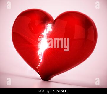 Gebrochenes und zerbrochenes Herz isoliert auf pinkfarbenem Hintergrund. 3D-Abbildung. Stockfoto