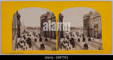 Panorama-Boulevards. Rue Royale in Richtung Place de la Concorde, 8. Bezirk, Paris Panorama des Boulevarts. Rue Royale in Richtung de la Place de la Concorde, Paris (VIIIème arr.) . Photographie anonyme. Papieralbuminé, 1850-1900. Paris, musée Carnavalet. Stockfoto