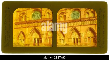 Detail der Fassade der Kirche Notre Dame, 4. Bezirk, Paris. Liebfrauenkirche. 'Détail de la façade de l'église Notre-Dame, Paris (IVème arr.)'. Photographie anonyme. Vue stéréoscopique transparent coloriée, Papier Albuminé. Entre 1855-1865. Paris, musée Carnavalet. Stockfoto