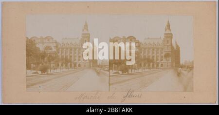Quai de Corse, 4. Bezirk. Der Uhrturm und der Justizpalast, 1. Bezirk, Paris Quai de Corse, Paris (IVème arr.). La Tour de l'Horloge et le Palais de Justice, Paris (Ier arr.). Photographie anonyme. Papieralbuminé. Vers. Paris, musée Carnavalet. Stockfoto