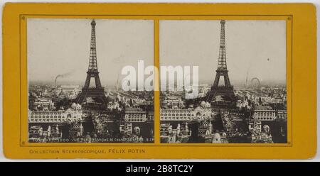 100. EXPON 1900. PANORAMAANSICHT DER CHAMPS DE MARS. Universalausstellung von 1900. Panoramaaussicht auf die Champs de Mars, 7. Bezirk, Paris. Exposition universelle de 1900. Vue panoramique du Champs-de-Mars, Paris (VIIème arr.). Société Industrielle de Photographie ou S.I.P. Tirage sur papier au gélatino bromure d'argent contrecollé sur carton jaune. Paris, musée Carnavalet. Stockfoto