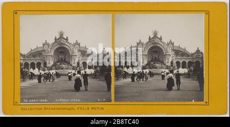 72. EXPON 1900. SCHLOSS VON WASSER. Universalausstellung von 1900. Der Wasserturm, Champ de Mars, 7. Bezirk, Paris. Exposition universelle de 1900. Le Château d'eau, Champ-de-Mars, Paris (VIIème arr.). Société Industrielle de Photographie ou S.I.P. Tirage sur papier au gélatino bromure d'argent contrecollé sur carton jaune. Paris, musée Carnavalet. Stockfoto