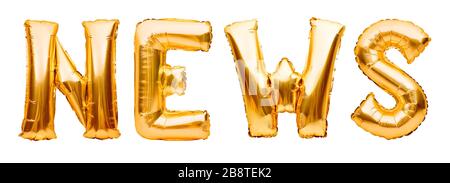 WORTMELDUNGEN aus goldenen aufblasbaren Luftballons isoliert auf weißem Hintergrund. Helium Luftballons Goldfolie bildet Wortnachrichten. Startup, Großeröffnung Stockfoto