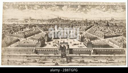 Der bewundernswerte Plan der Tür und des Platzes Frankreich mit Straßen begann (n) zu bauen. Claude Chastillon (1559-1616). L'admitiable dessein de la porte et Place de France avec ses rues commencée(s) à construire. Burin, Eau-forte. Paris, musée Carnavalet. Stockfoto