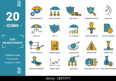 Risk Management Icon Set. Gehören kreative Elemente Risikomanagement, Risikokapital, risk Plan, Projektleiter, Projekt timeline Symbole. Kann verwendet werden für Stock Vektor