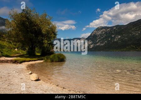 Blick auf den malerischen Bohinjer See, den größten permanenten See in Slowenien, im Bohinj-Tal der Julischen Alpen Stockfoto