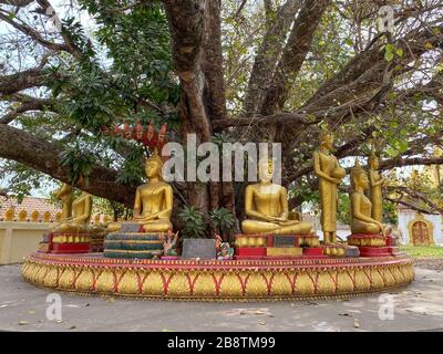 Vientiane, Laos - 29. Januar 2020. Statue des Goldenen Buddha auf der Pagode in Vientiane, Laos. Schätzungsweise 65 % der Gesamtbevölkerung werden als Buddh identifiziert Stockfoto