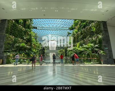 Singapur - 13. Februar 20120. Der Rain Vortex, ein 40 m hoher Wasserfall im Inneren des Jewel des Singapore Changi Airport. Stockfoto