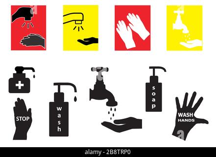 Schützen und reduzieren Sie Keime, indem Sie Ihre Hände mit Seife und Handschuhen waschen Stock Vektor