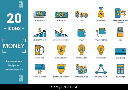 Geld Icon Set. Kreative Elemente geld Banknoten, Münzen, Geld Grafik nach oben, Brieftasche, Geld Zeit Symbole enthalten. Kann für den Bericht verwendet, Präsentation. Stock Vektor