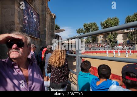 Stierkampf in Saint Laurent d'Aigouze, Camargue (Provence, Occitània, Frankreich) Stockfoto