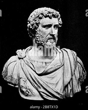 Antoninus Pius, 19. September 86 - 7. März 161, war vom 10. Juli 138 bis zu seinem Tod römischer Kaiser / Antoninus Pius, 19. September 86 - 7. März 161, war vom 10. Juli 138 bis zu einem Tod römischer Kaiser, historisch, digital verbesserte Wiedergabe eines Originals aus dem 19. Jahrhundert / Digitale Produktion einer Originalanlage aus dem 19. Jahrhuntert, Stockfoto