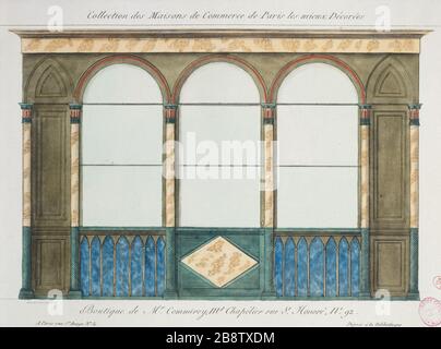 SAMMLUNG VON HANDELSHÄUSERN PARIS AM MEISTEN DEKORIERT - SHOP UND HERR COMMEREY MARCHAND CHAPELIER, SAINT HONORE NUMMER 92 PIERRE-ANTOINE DE LA MÉSANGÈRE (1761-1831). "Collection des maisons de commerce de Paris les mieux décorées - Boutique de Monsieur Commerey marchand Chapelier, rue Saint Honoré numéro 92". Estampe. Paris, musée Carnavalet. Stockfoto