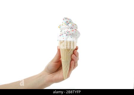 Weibliche Hand hält Eis, isoliert auf weißem Hintergrund Stockfoto