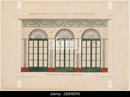 SAMMLUNG VON HANDEL MIT HÄUSERN UND INTERIEURS PARIS AM MEISTEN DEKORIERT; KAFFEEFLORA VORNE DIE CHAMPS ELYSSEES ANONYME. "Sammlung des maisons de commerce de Paris et intérieurs les mieux décorées; façade du Café de Flore aux Champs Elysées". Eau-forte coloriée. Paris, musée Carnavalet. Stockfoto