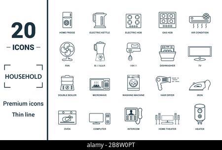 Haushalt Icon Set. Kreative Elemente home Kühlschrank, Elektroherd, Ventilator, Spülmaschine, Doppel-kessel-Symbole. Kann für den Bericht verwendet, Präsentation. Stockfoto