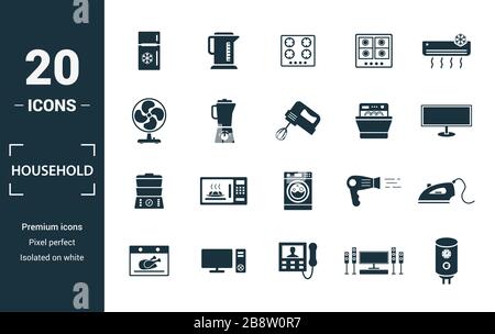 Haushalt Icon Set. Kreative Elemente home Kühlschrank, Elektroherd, Ventilator, Spülmaschine, Doppel-kessel-Symbole. Kann für den Bericht verwendet, Präsentation. Stockfoto