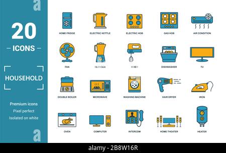 Haushalt Icon Set. Kreative Elemente home Kühlschrank, Elektroherd, Ventilator, Spülmaschine, Doppel-kessel-Symbole. Kann für den Bericht verwendet, Präsentation. Stockfoto