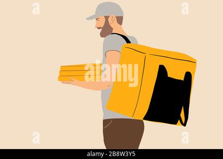 Liefermann in Kappe und Thermobeutel, der Pizza liefert. Lieferkonzept Fertiggerichte. Farbenfrohe Vektorgrafiken im flachen Cartoon-Stil Stock Vektor