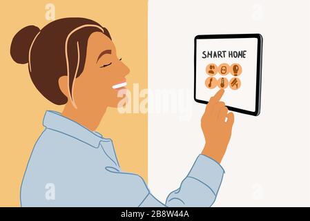 Frau, die mit einem digitalen Touchscreen, der an der Wand in Innenräumen angebracht ist, nach Hause steuert. Konzept eines intelligenten Hauses. Farbenfrohe Vektorgrafiken im flachen Cartoon-Stil Stock Vektor