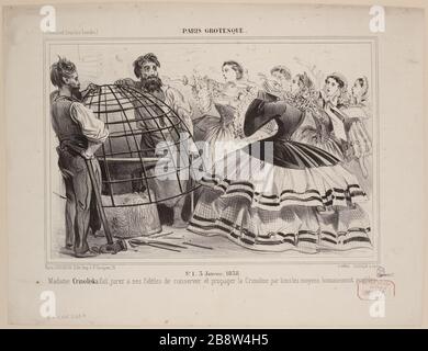 # 1. Januar 1858 / Pariser Groteske / Madam Crinoliska schwören seinen Anhängern, die Krinoline mit allen Mitteln menschlich zu erhalten und zu verbreiten. Stockfoto