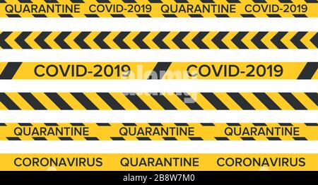 Pandemie stoppt. Coronavirus Kovid-19 2019-nCoV. Schwarze und gelbe Streifen gesetzt. Warnbänder. Gefahr. Quarantänezeichen für biologische Gefahren. Vorsicht, Warnung oder Stoppen des Corona-Virus-Konzepts. Vektor eps 10 Stock Vektor