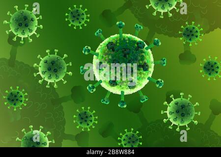 Coronavirus-Krankheit COVID-19, gefährliche Ateminfektion, SARS-COV-2. Grippeausbruch, Erregergrippe Oder Hiv-Virus, Grüne Krebszellen. Medizin Stock Vektor